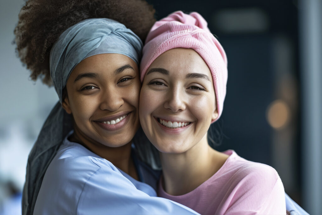 Esta imagem ilustrativa remete à ideia de felicidade, recuperação e superação. Duas jovens se abraçam felizes. Uma é negra e a outra calcasiana, ambas usam um turbante, embora seja possível ver vasta cabeleira da mulher negra, o que nos leva a inferir que ela está levando solidariedade à outra, que parece se tratar de câncer, mas sem triste ou depressão!